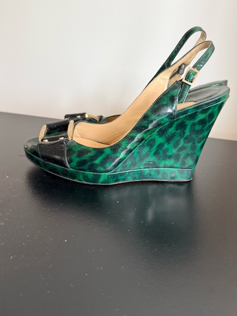 Jimmy Choo Green Leopard-Print Patent Wedge Slingbacks